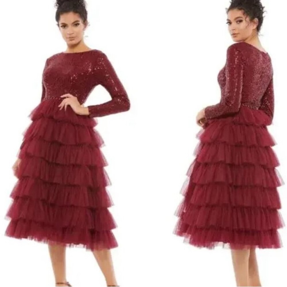 Mac Duggal Long Sleeve Ruffle Tiered Midi Dress - Red - 10 - Picture 3 of 7